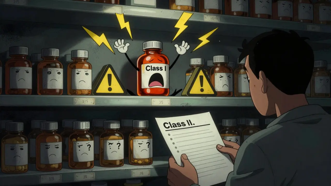 Anthropomorphic medicine bottles on a shelf, one screaming in danger while others sleep.