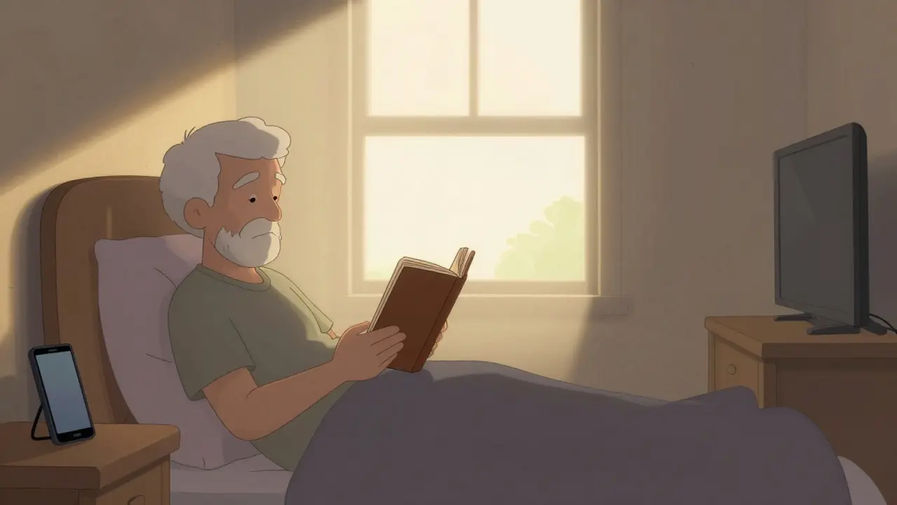 Calm senior practicing sleep hygiene in a dimly lit bedroom