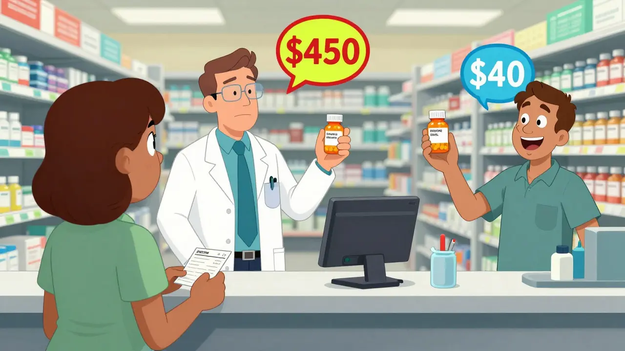 Cartoon showing price difference between pharmacy types