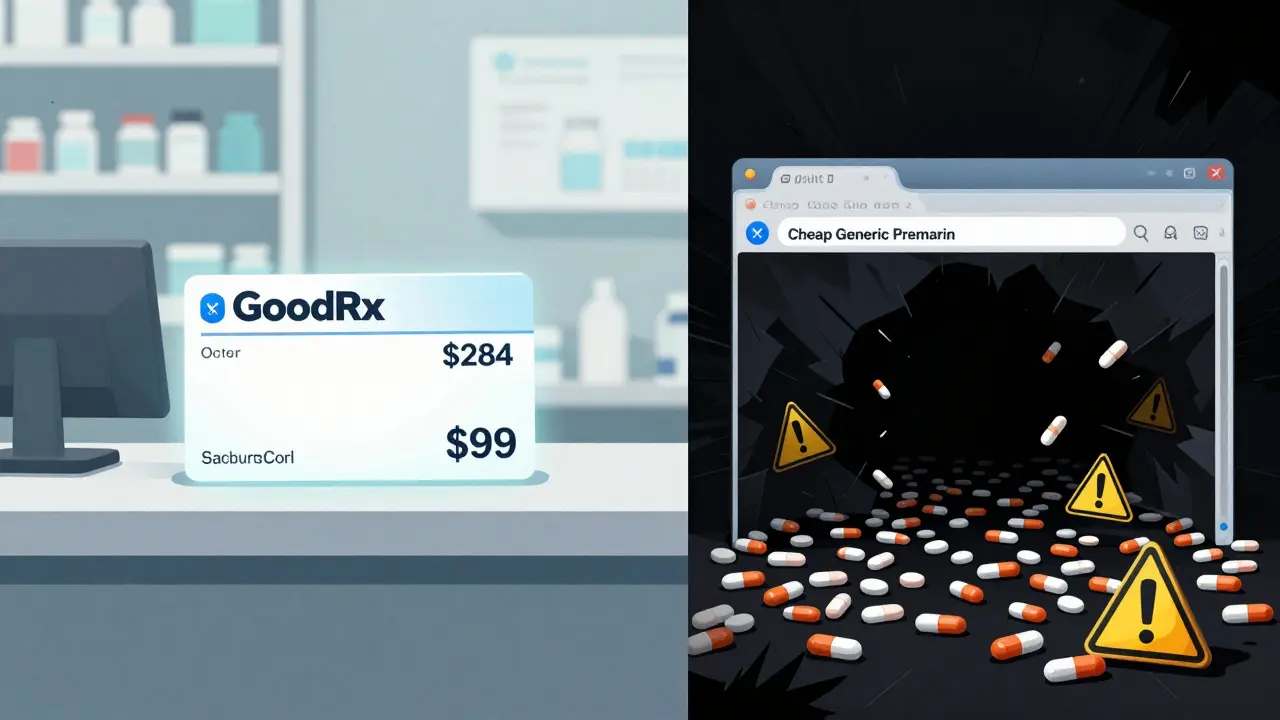 Contrast between safe pharmacy discounts and dangerous online fake drug scams in cartoon style