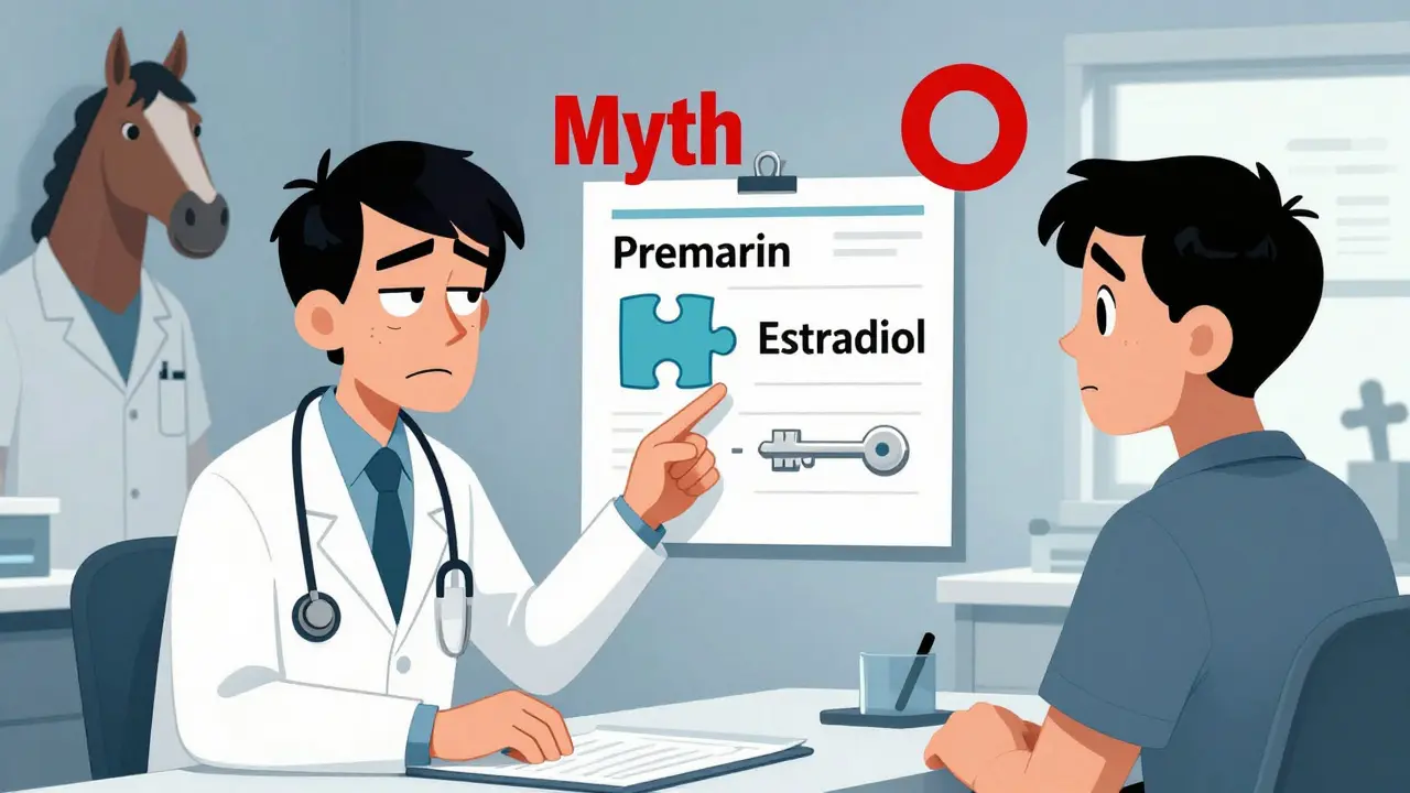 Doctor explaining cheaper estradiol alternative to Premarin in an absurd Adult Swim style scene