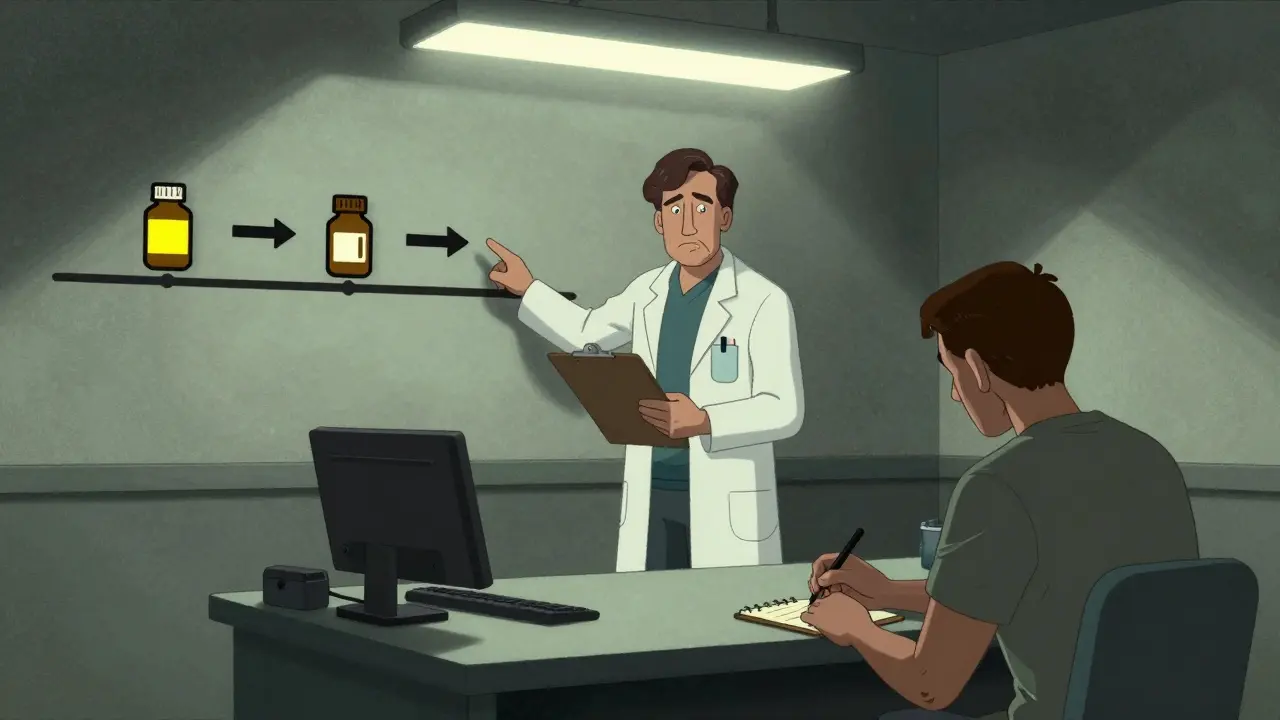Doctor explaining drug causality timeline to a patient keeping a symptom log.