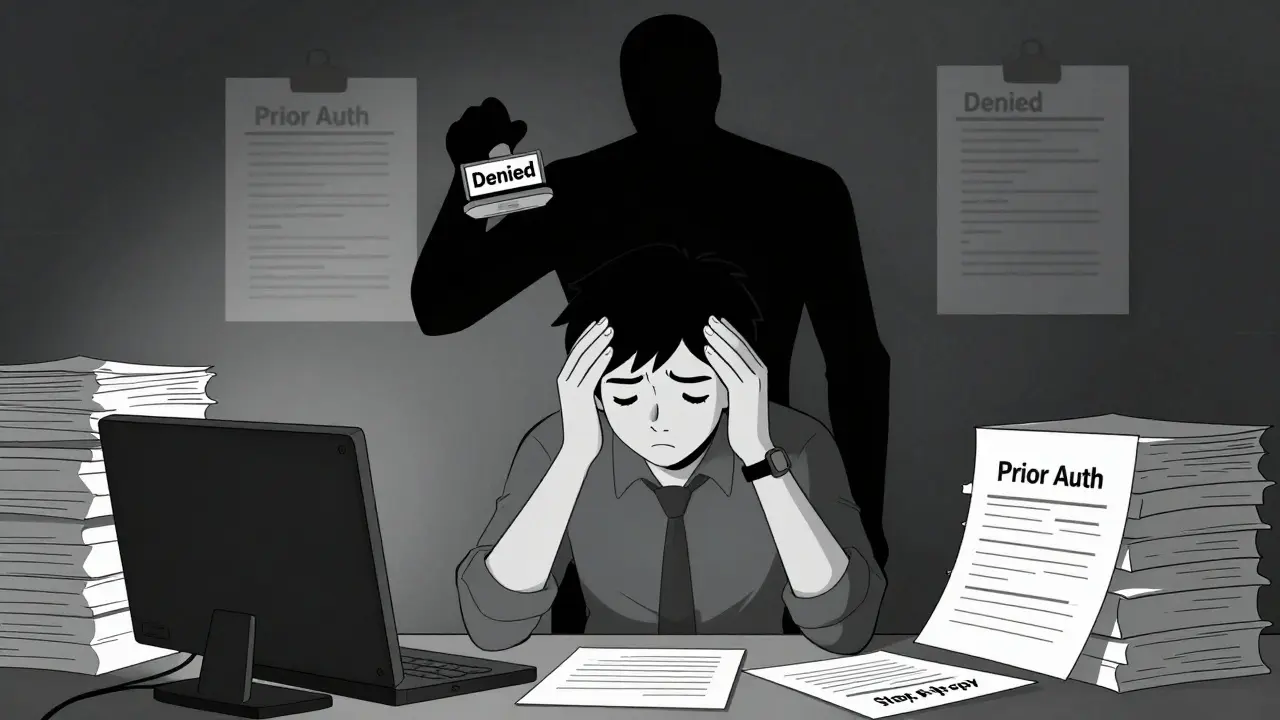 Exhausted person buried in prior authorization paperwork with looming bureaucrat