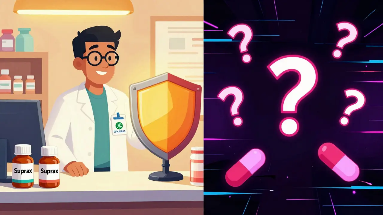 Illustration comparing safe certified pharmacy vs dangerous shady website