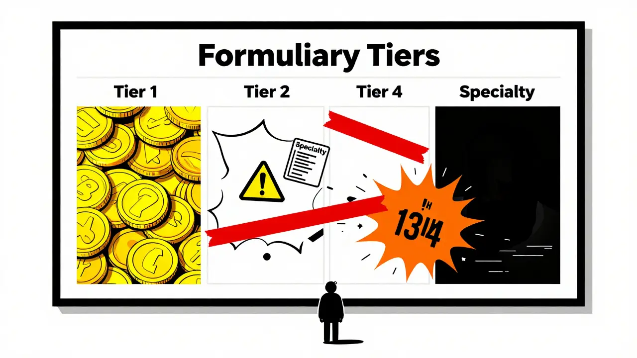 Illustration showing confusing insurance formulary tiers as a chaotic menu board