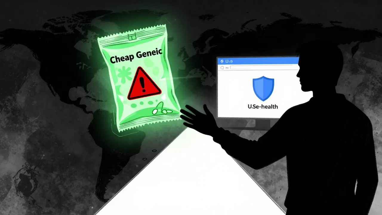 Illustration warning against unsafe offshore drug purchases