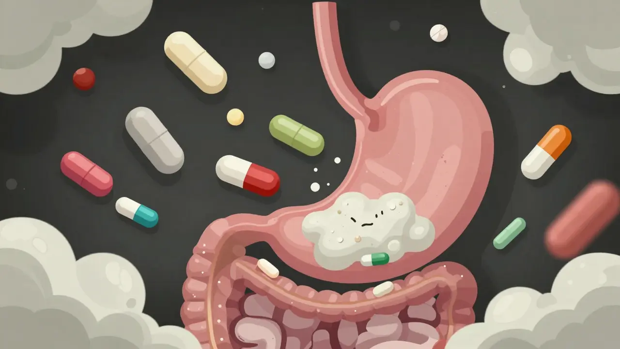 Medications blocked by antacid foam in gut