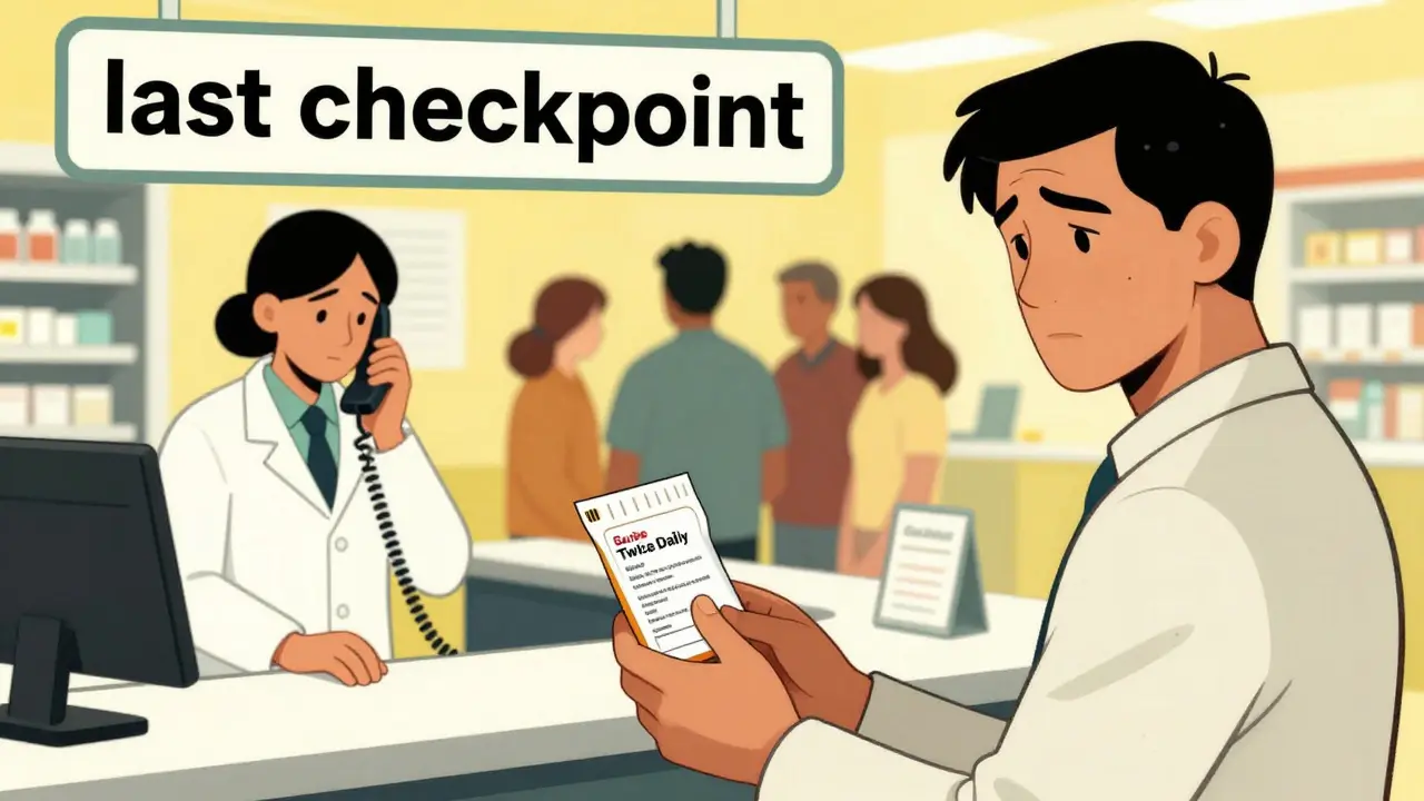 Patient unaware of wrong dosage label at busy pharmacy counter