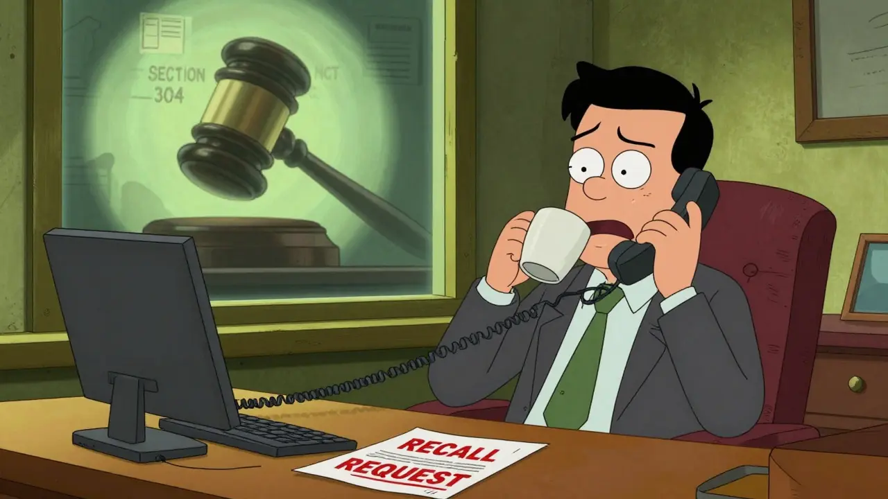 Pharma executive ignores recall request while a court gavel looms in the background.