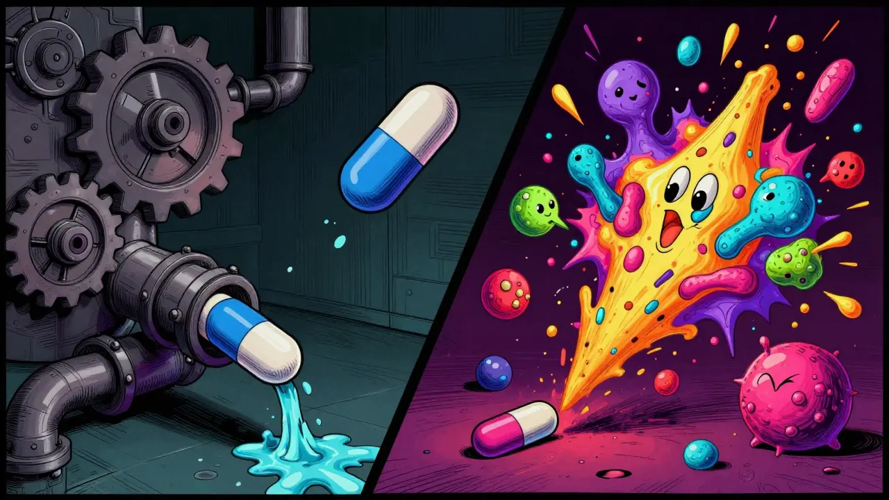 Split illustration showing predictable Type A vs chaotic Type B drug reactions.