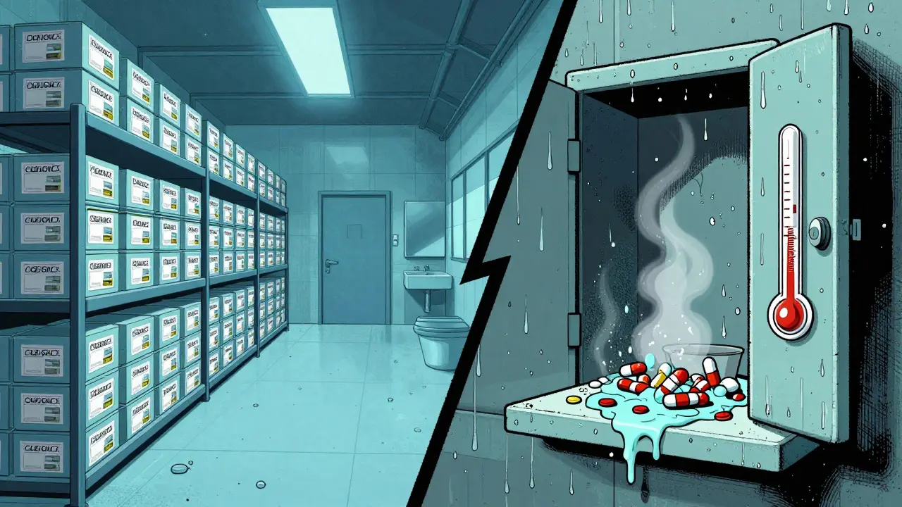 Split scene comparing sterile warehouse vs humid bathroom storage