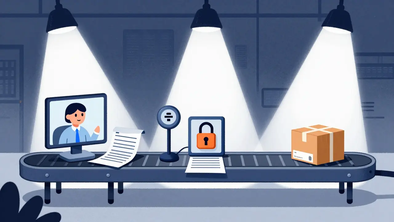 Stylized conveyor belt showing steps to safely order antibiotics online