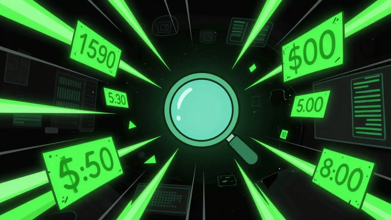 Abstract digital search interface with swirling data in cartoon style