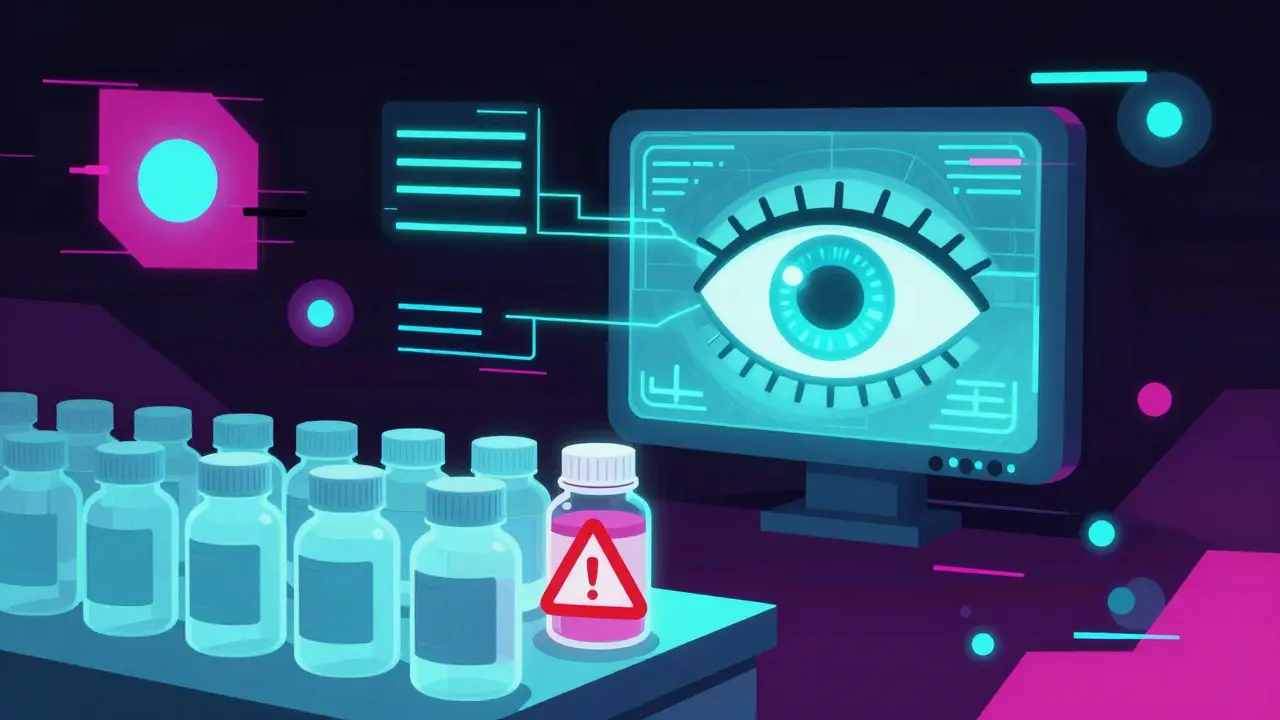 AI system scanning for drug contamination in Adult Swim illustration style