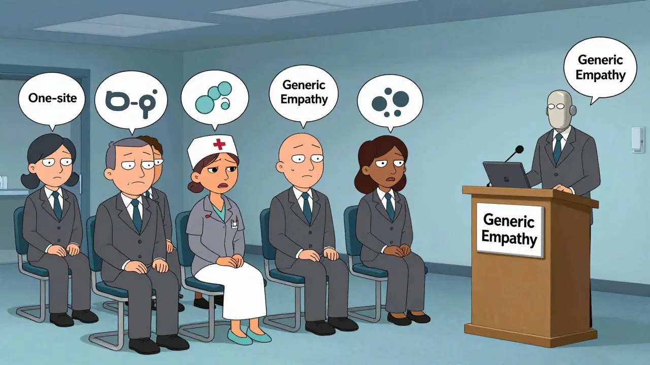 Bored staff in identical suits at a generic training seminar with abstract thought bubbles