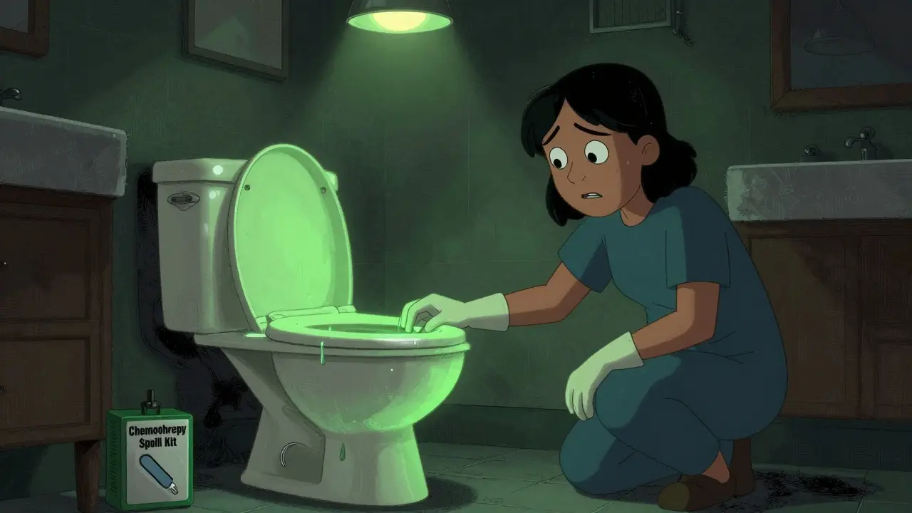 Caregiver cautiously handling hazardous waste in a dimly lit bathroom