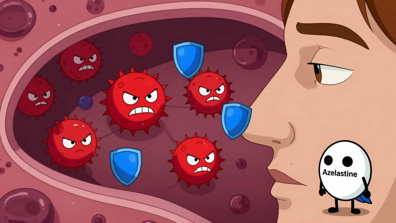 Cartoon cross-section of nose showing antihistamines blocking histamine molecules