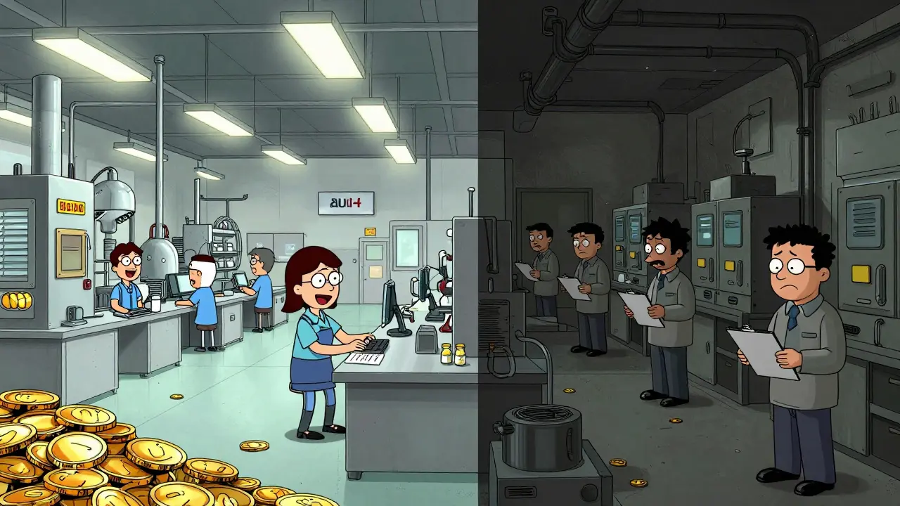 Contrast between brand and generic drug factories in Adult Swim cartoon style