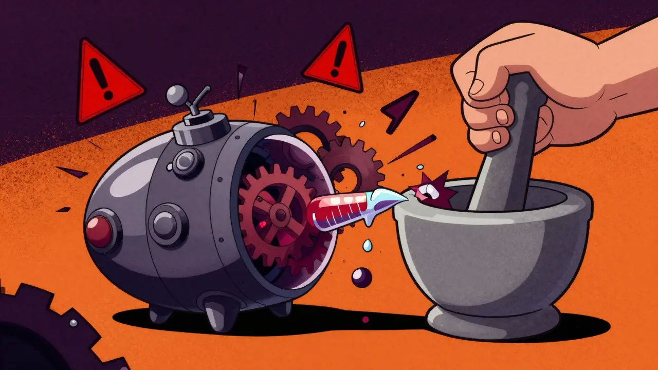 Crushed extended-release pill exploding like a bomb in cartoon style