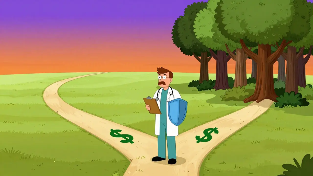 Doctor balancing cost savings against patient safety guidelines
