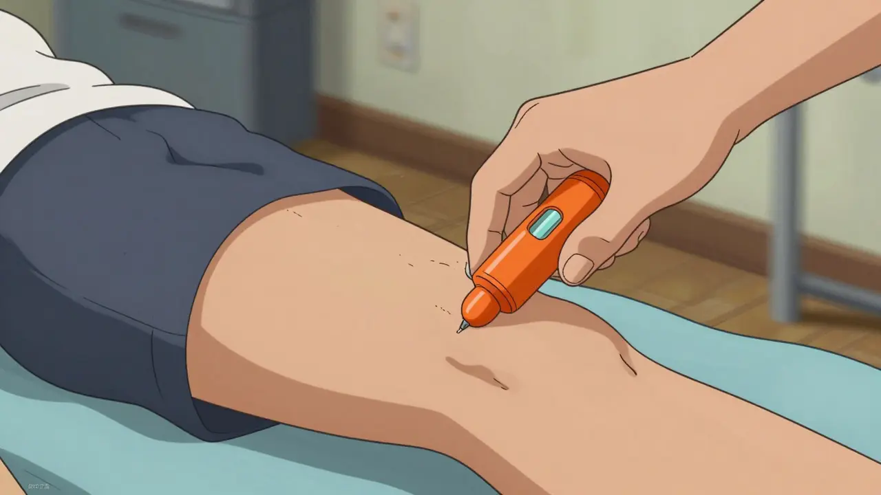 Hand administering epinephrine auto-injector into thigh of a patient