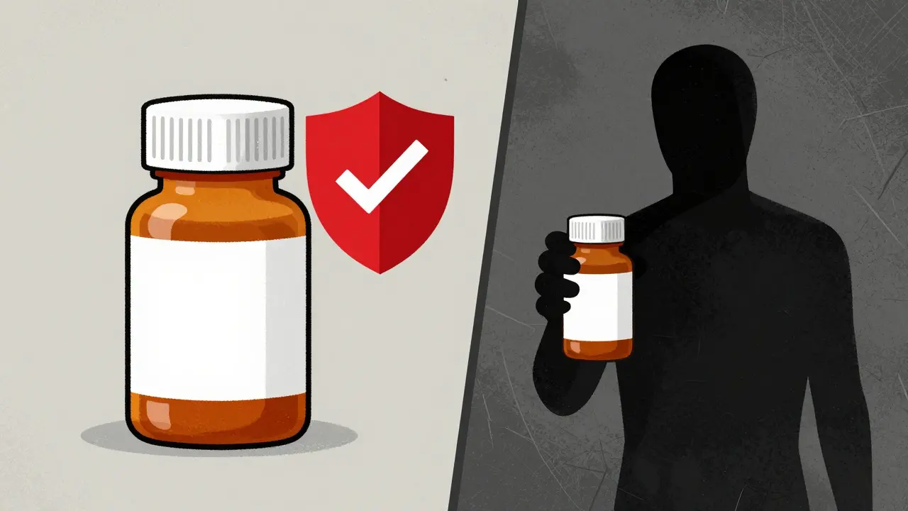 Legitimate vs fraudulent medication bottles with safety shield