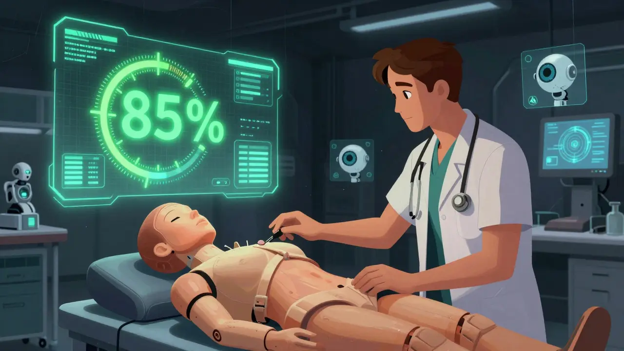 Medical student practicing with a mannequin under AI monitoring in a simulation lab