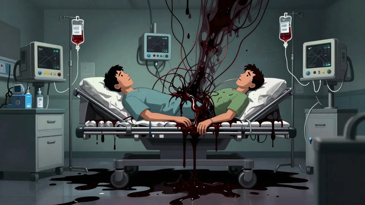 Patient in ER with dark liquid dripping into void