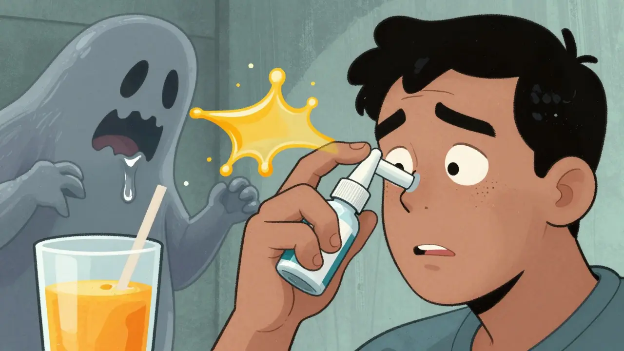 Person using nasal spray correctly to avoid bitter taste, illustrated in Adult Swim style