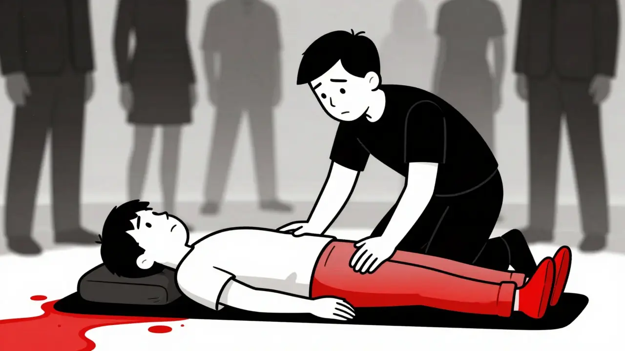Rescuer laying anaphylaxis patient flat on their back to maintain blood flow