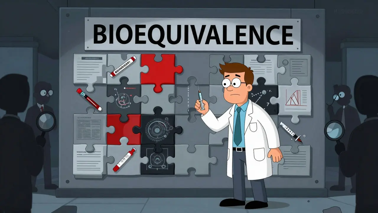 Scientist overwhelmed by a giant bioequivalence puzzle wall
