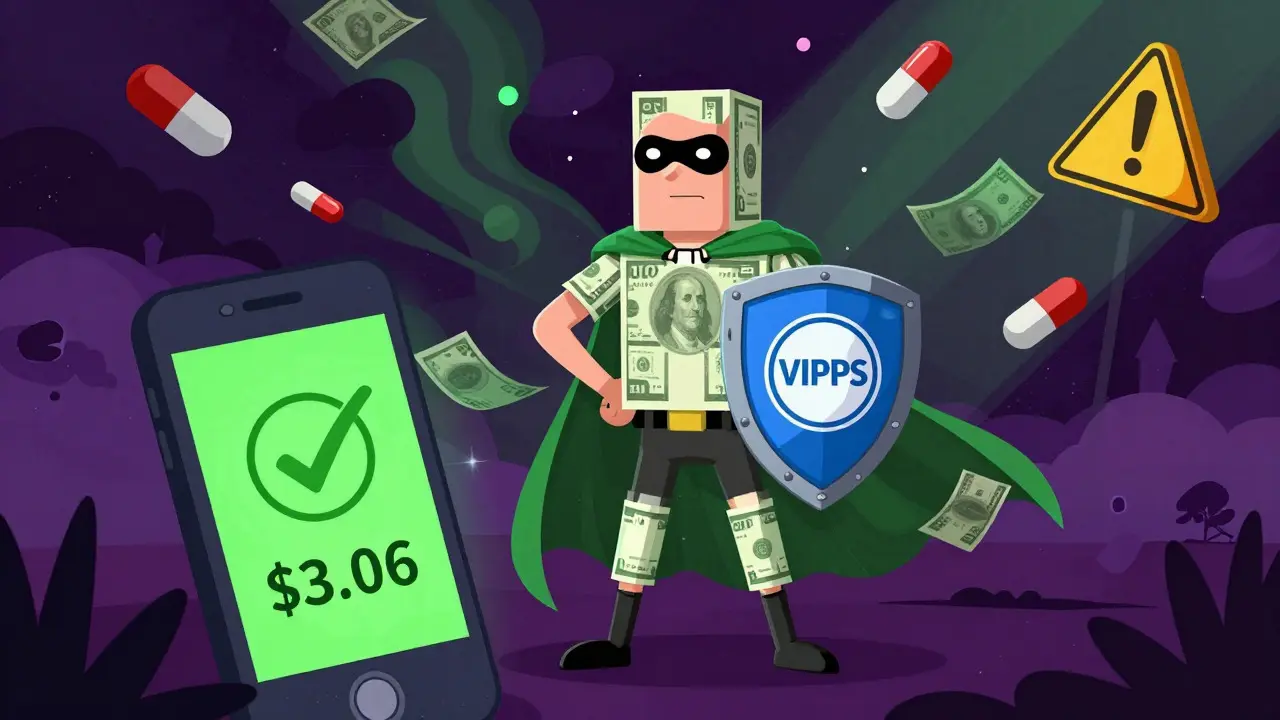 Superhero with money cape protecting against fake drugs online