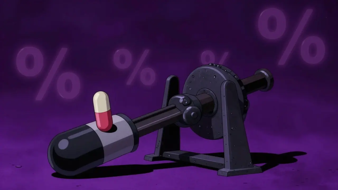 Surreal cartoon of a tiny pill on a complex splitting tool in dark void