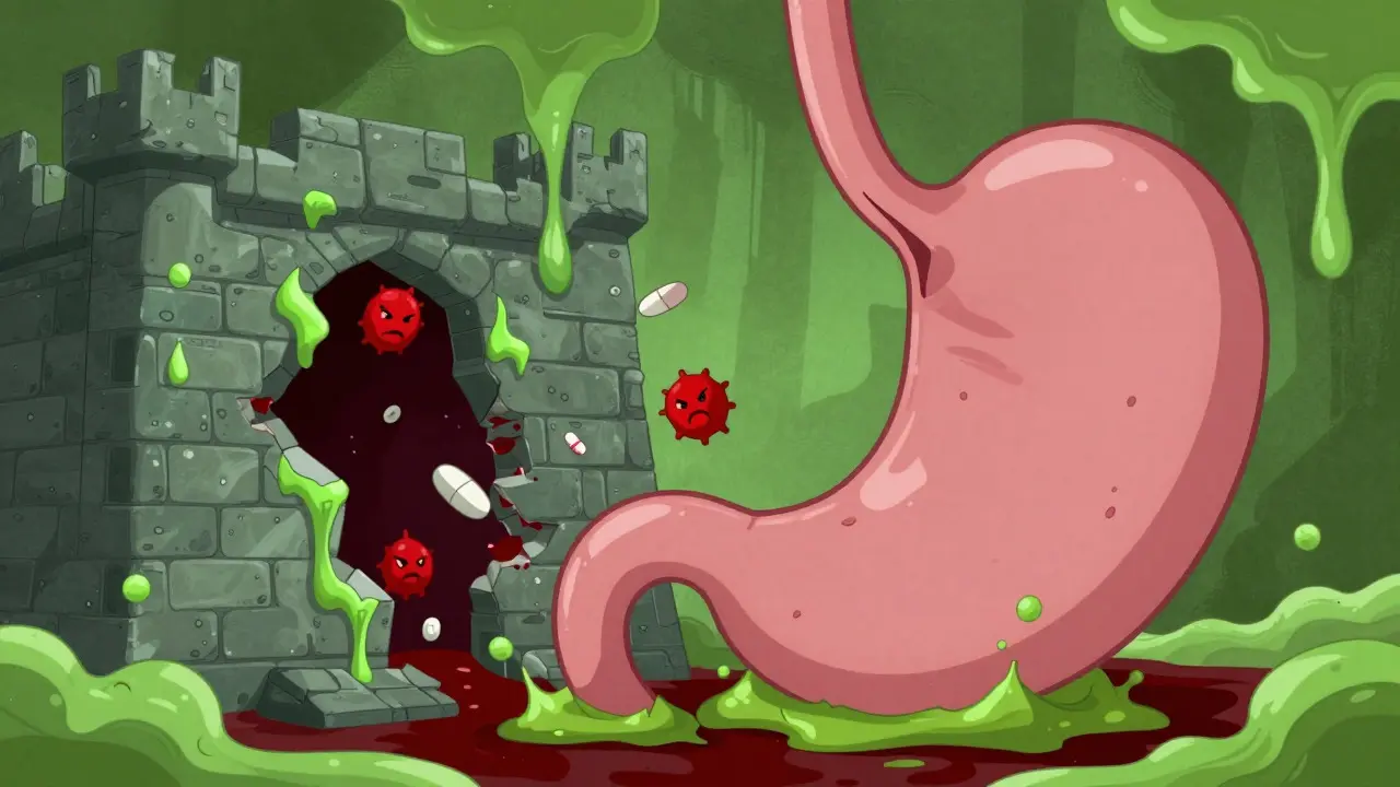 Surreal stomach wall crumbling from acid damage