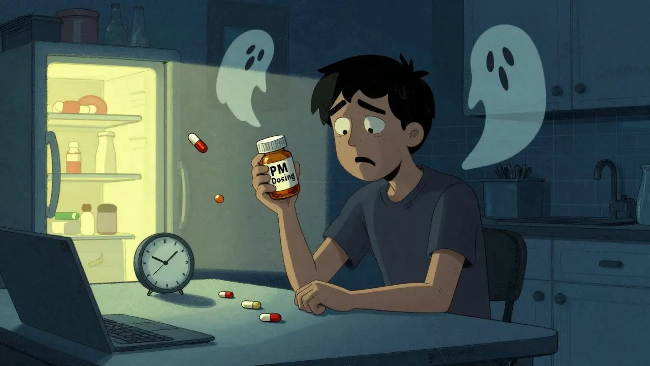 Tired person taking night medication with floating pills in Adult Swim style