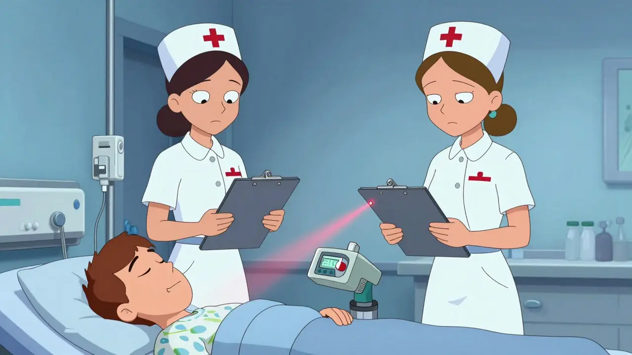 Two nurses performing strict identity verification at a patient's bedside