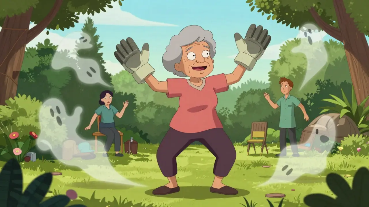 Woman dancing confidently in garden with fading ghosts of past falls