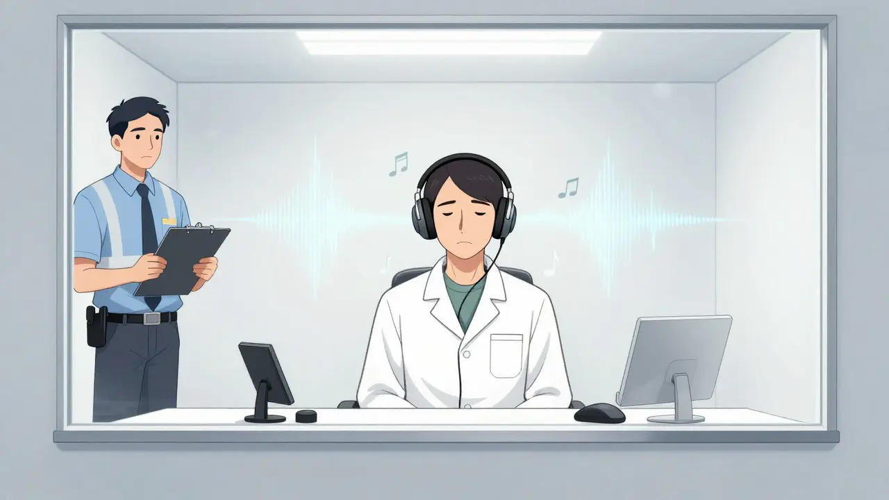 Worker in quiet booth during hearing test
