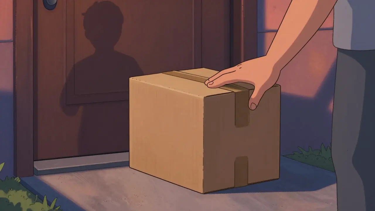 A plain unmarked package arriving at a doorstep in an evening setting