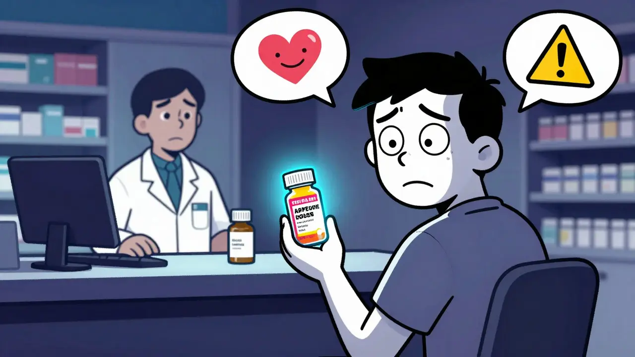 Anxious patient choosing between brand and generic pills amidst confusing information bubbles.