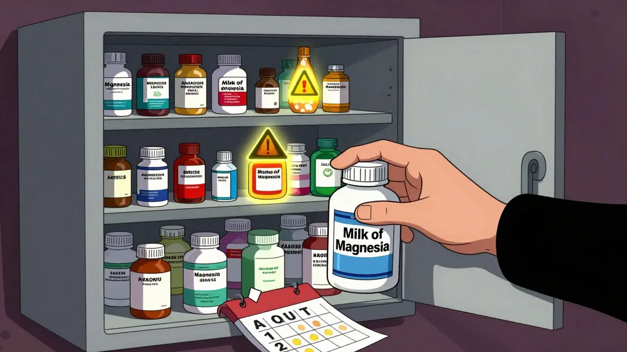 Cartoon of a messy medicine cabinet revealing hidden magnesium products