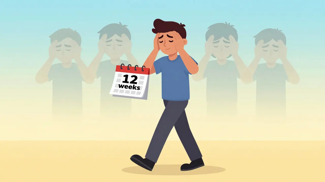 Confident person walking with calendar, leaving fading headache ghosts behind