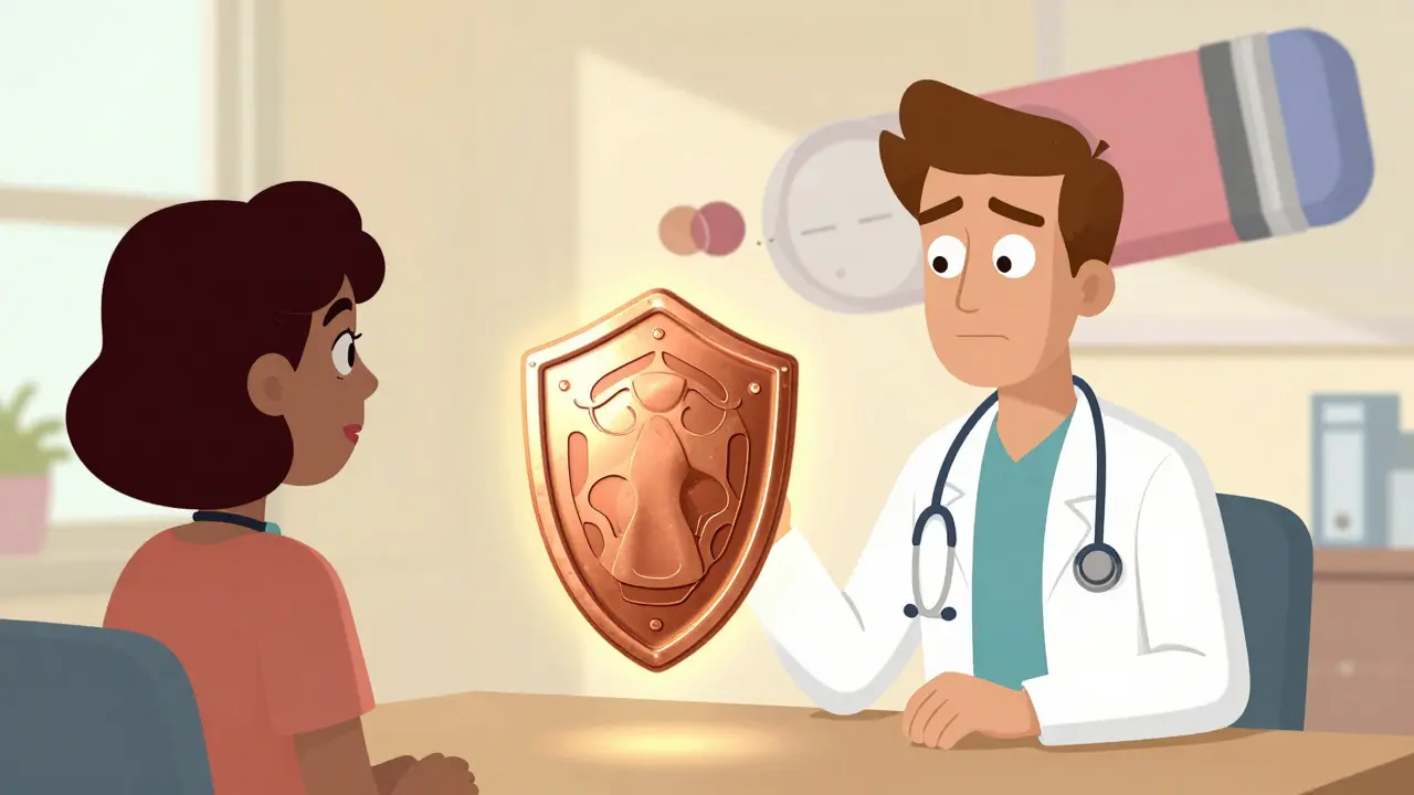 Doctor and patient discussing a glowing copper IUD as a safer option