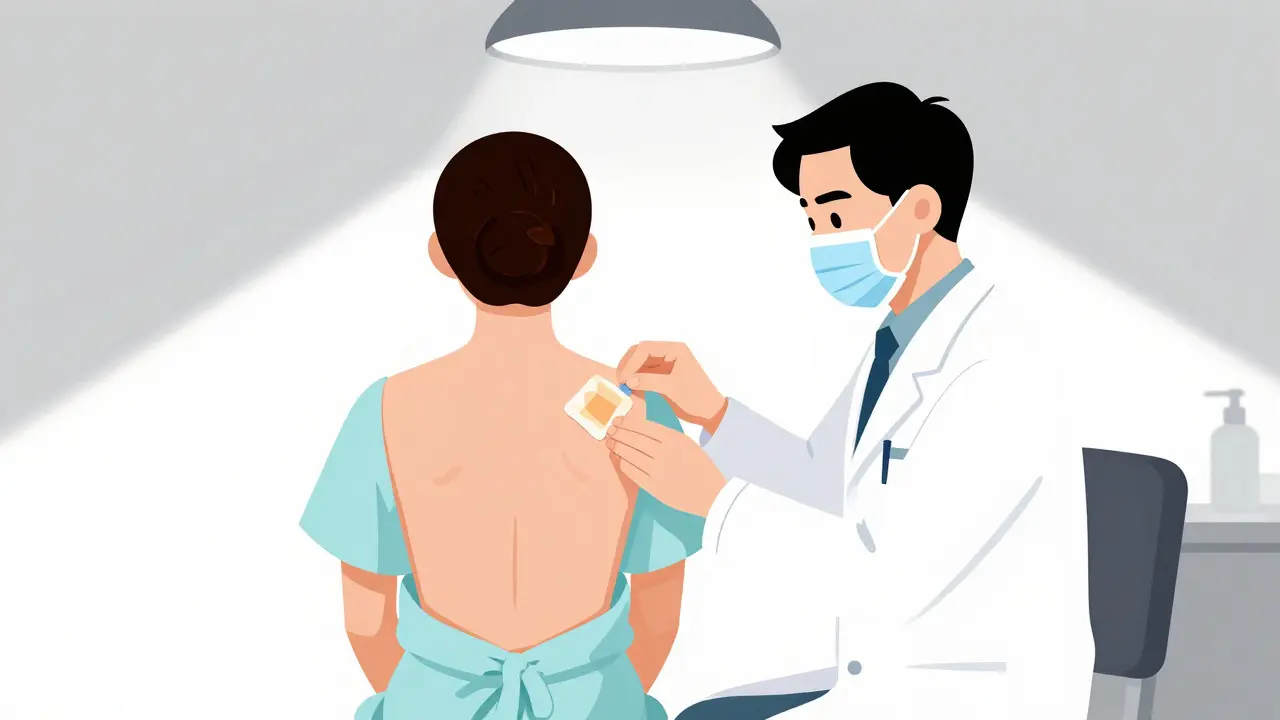 Doctor applying patch tests to a patient's back in a clinic
