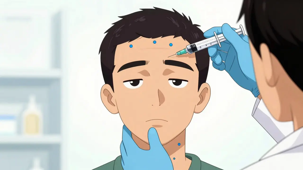 Doctor marking injection sites on patient's head and neck for Botox treatment