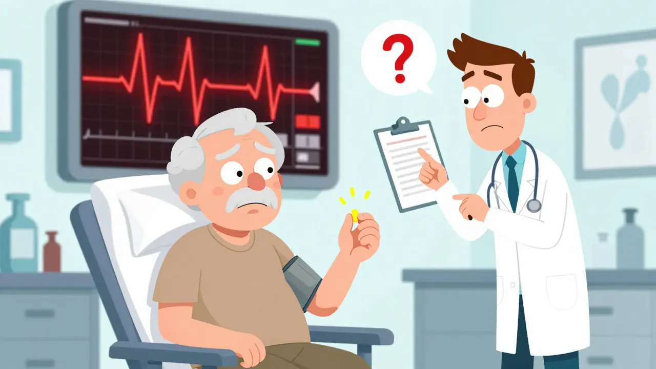 Elderly patient holding conflicting pills near a heart monitor