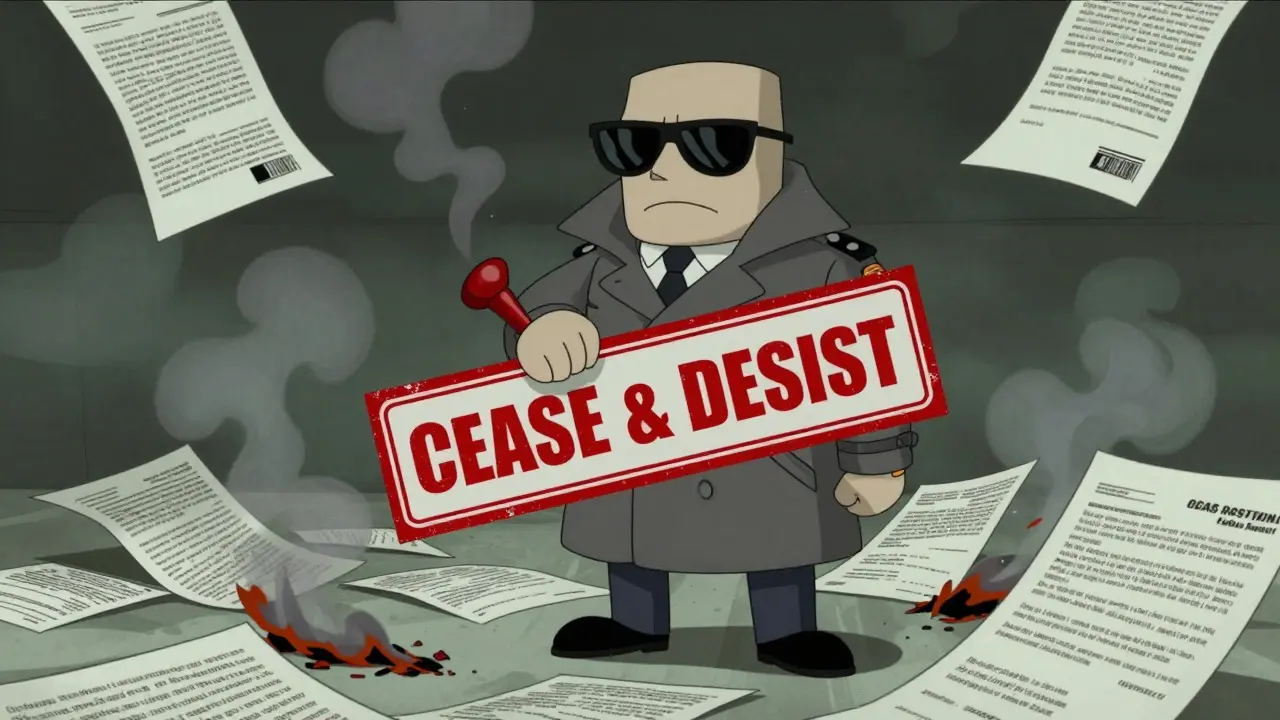 FDA enforcer stamping cease-and-desist orders on piles of misleading ad copy.