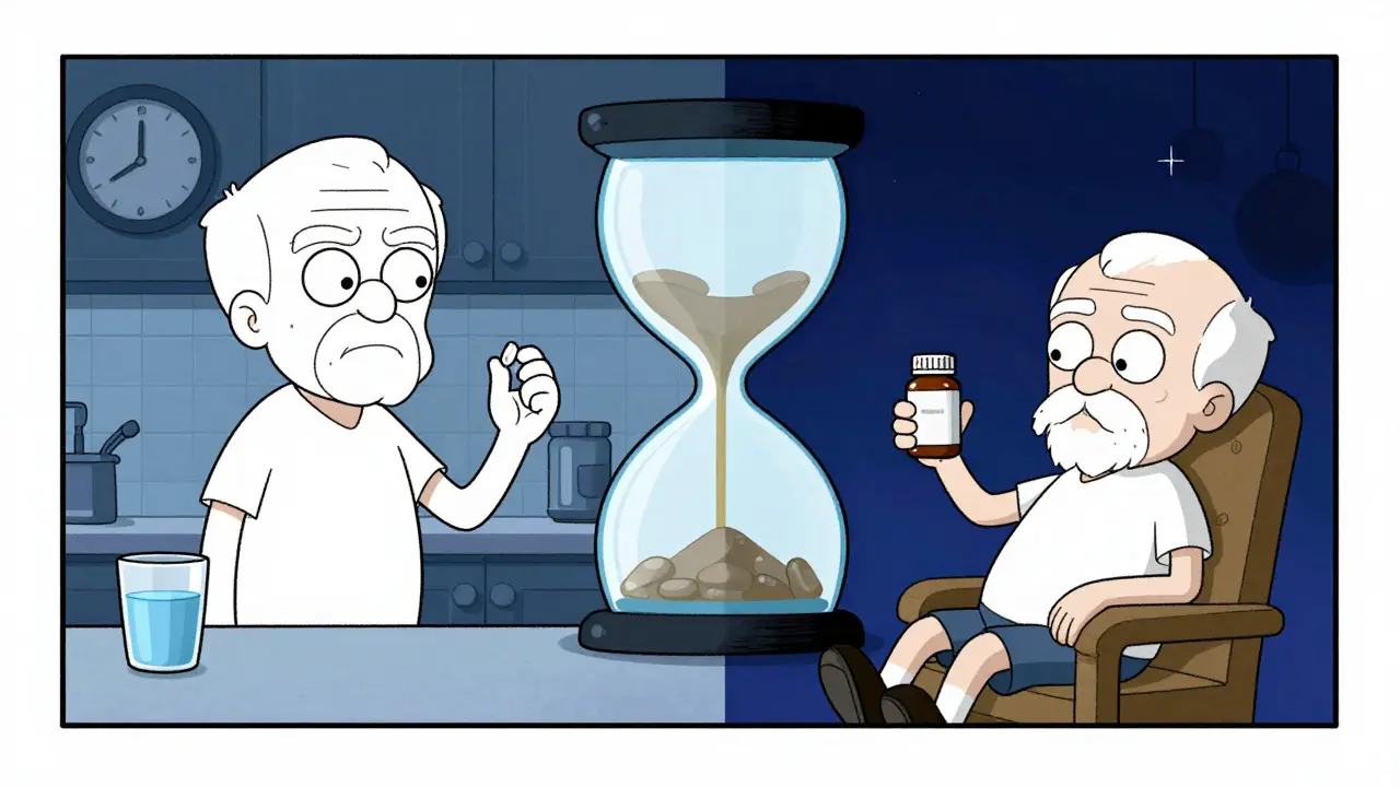 Illustration of a patient following a strict morning and evening medication schedule