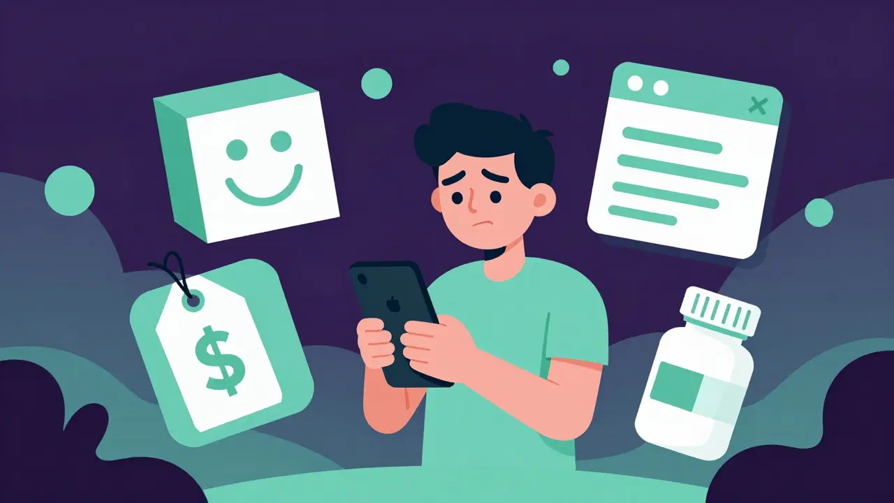 Illustration of a person using a phone to order medication online amidst floating icons