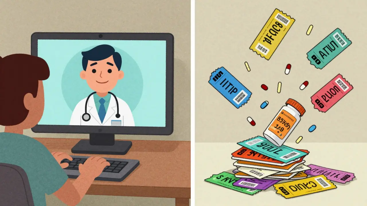 Illustration of telehealth and discount coupons saving money